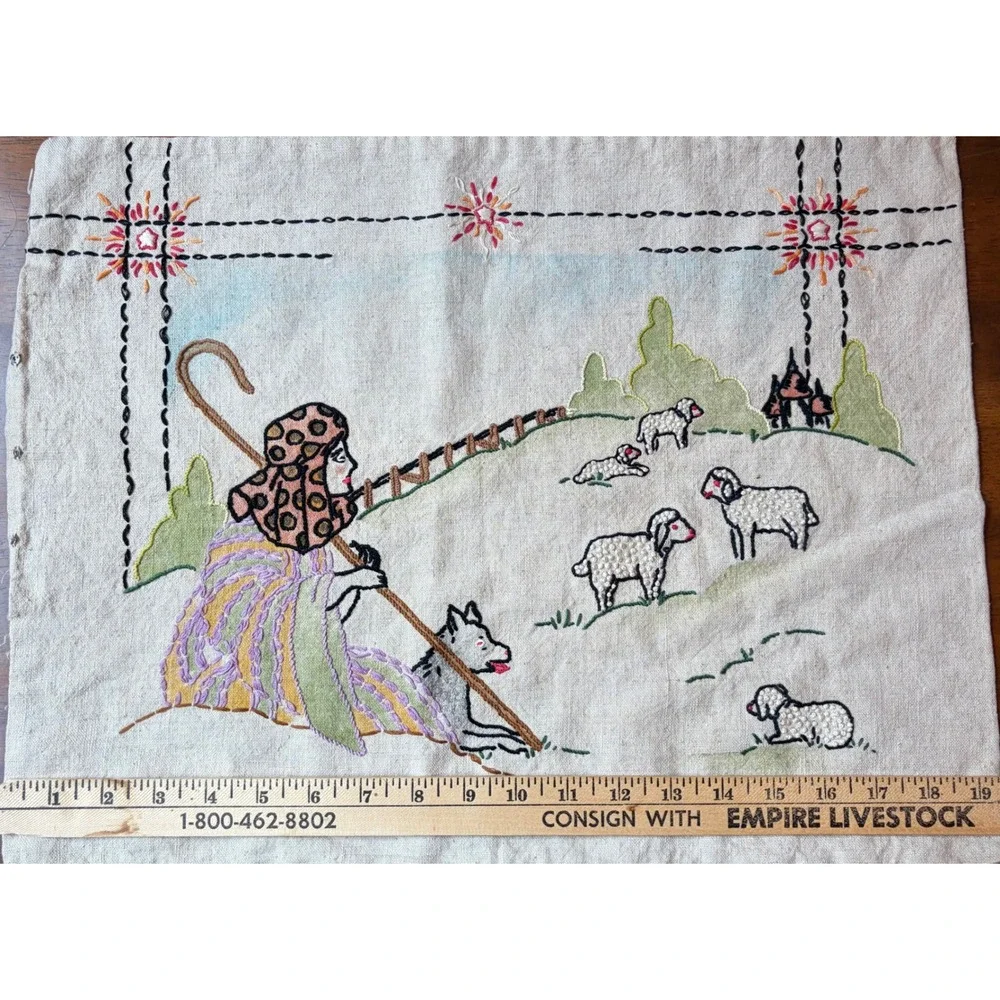 Vintage Hand Embroidered Linen Shepherd & Sheep Pastoral‎ Folk Art Pillow Case